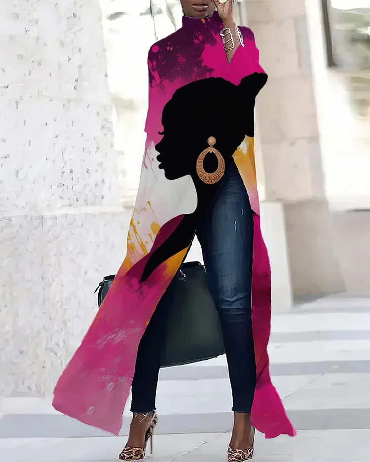 Gorgeous Black Woman Portrait Three-quarter Sleeve Slit T-shirt Dress