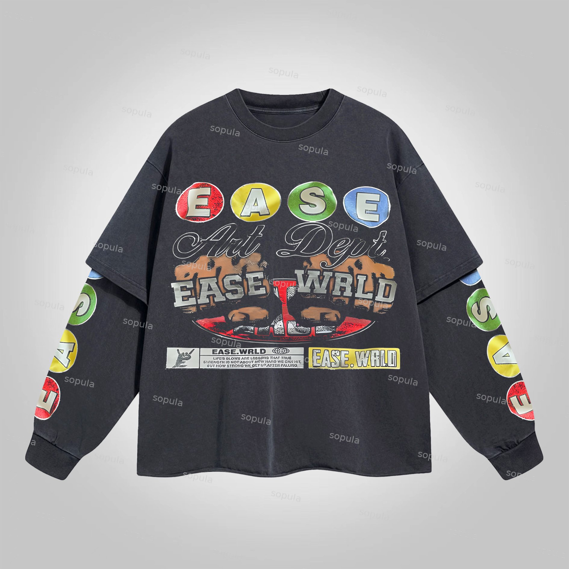 Sopula Vintage Fake Two-Piece Ease World Graphic Print Round Neck Long Sleeve Acid Washed T-Shirt - SOPULA