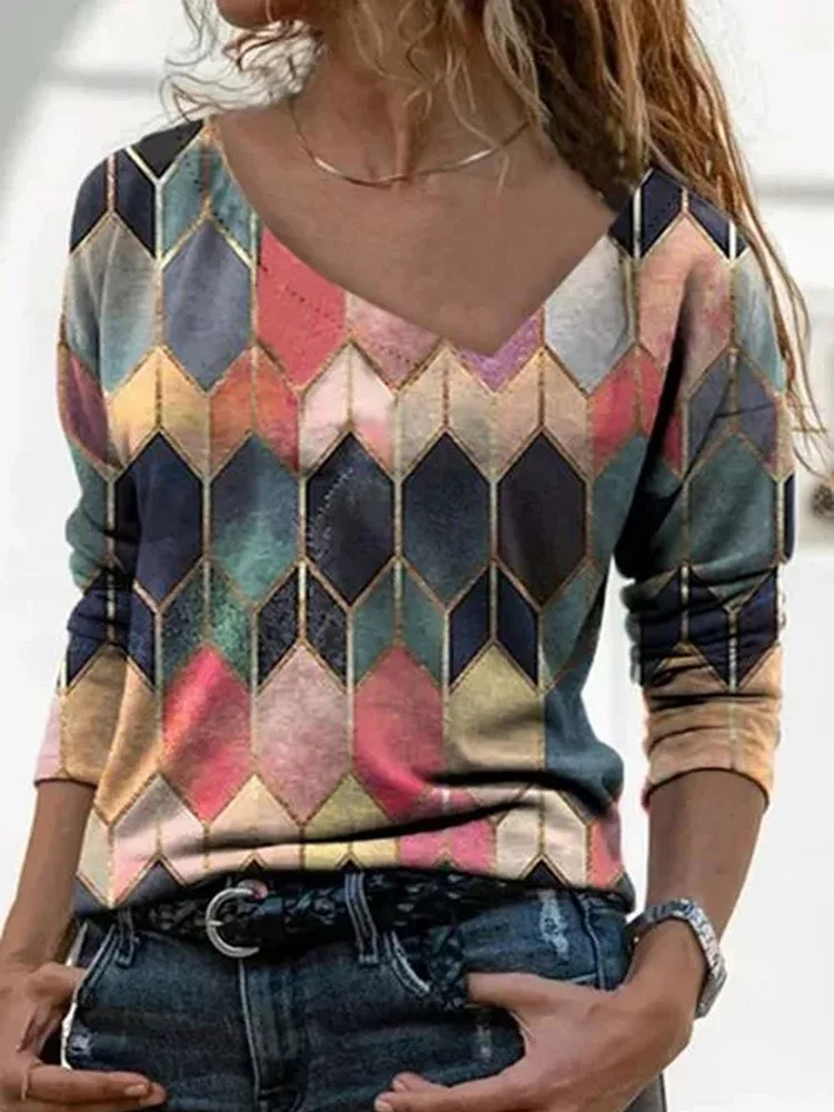Color Block Casual V-Neckline Long Sleeve Blouses