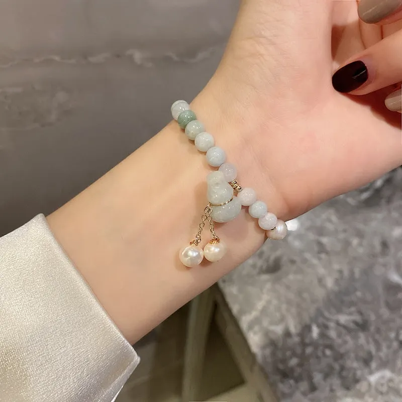 Gourd Emerald Jade Stone Pearl Bracelet