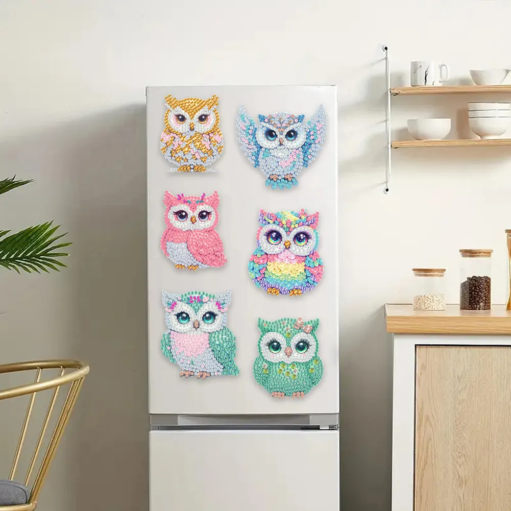 6Pcs Acrylic Owl DIY Diamond Painting Fridge Stickers for Home Kitchen