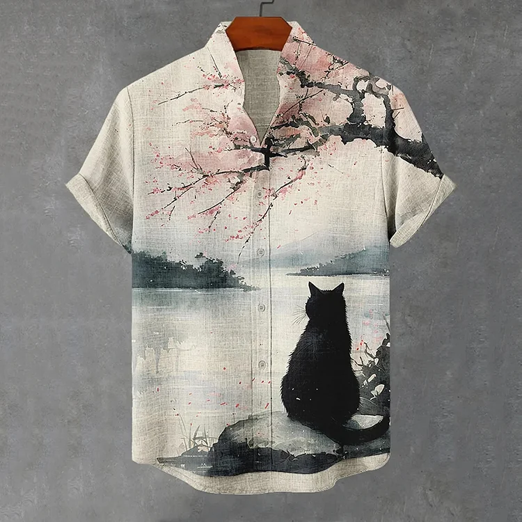 Men's Cherry Blossom Black Cat Japanese Style Print Short Sleeve Shirt