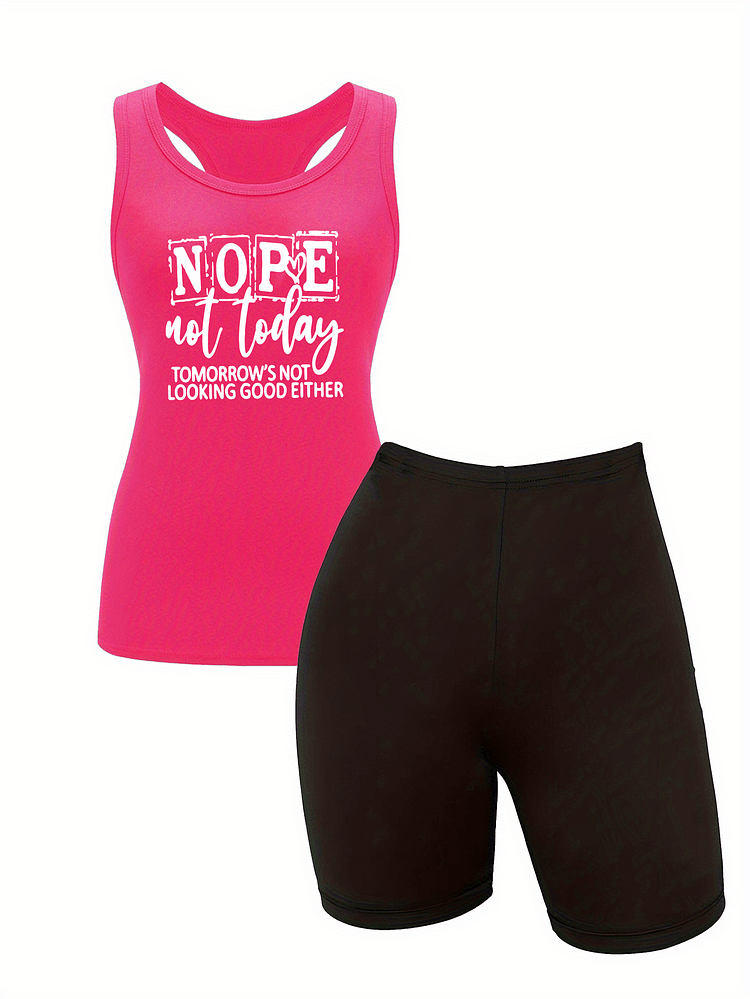 Athleisure Wear, Monogram Print, Lightweight Design Women's Sleeveless Vest And Black High-Waisted Shorts Suit - Casual Polyester Clothing, Machine Washable