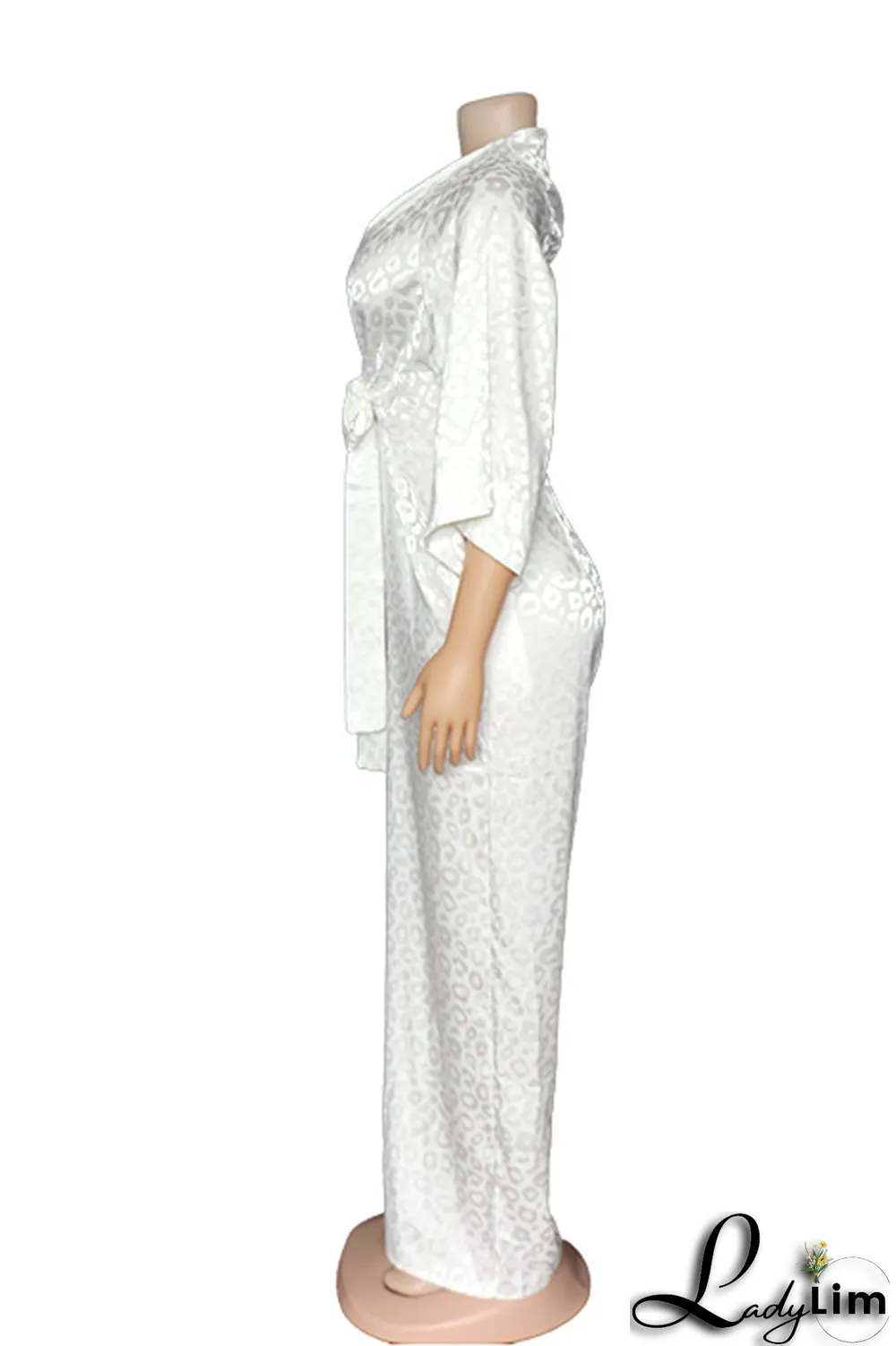 White Casual Print Split Joint V Neck Straight Jumpsuits