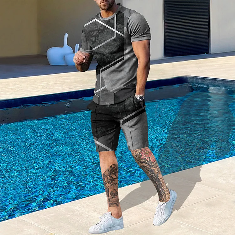 BrosWear Men's Abstract Geometric Short Sleeve  T-Shirt And Short Co-Ord