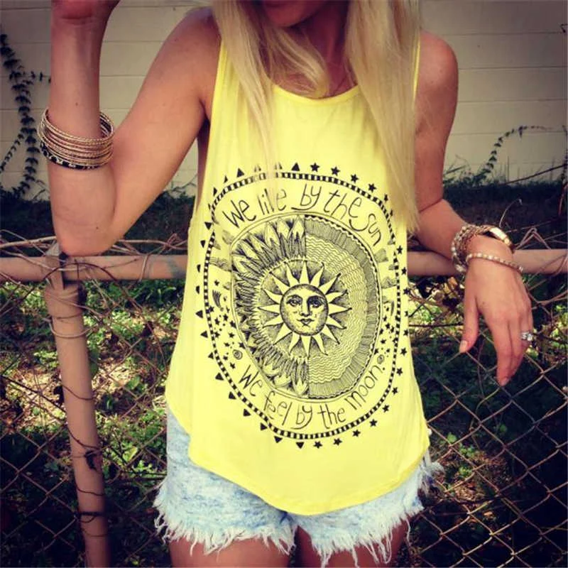 2021 Summer Fashion Women Sun Printed Boho Ladies Sexy Daily Shirts Loose Top Casual Sleeveless Tops Vest Tee Shirt Tank Clothes