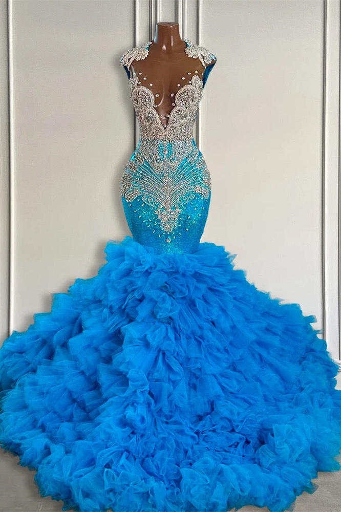 Dresseswow Ocean Blue Mermaid Tulle Ruffle Evening Dress Long With Beadings