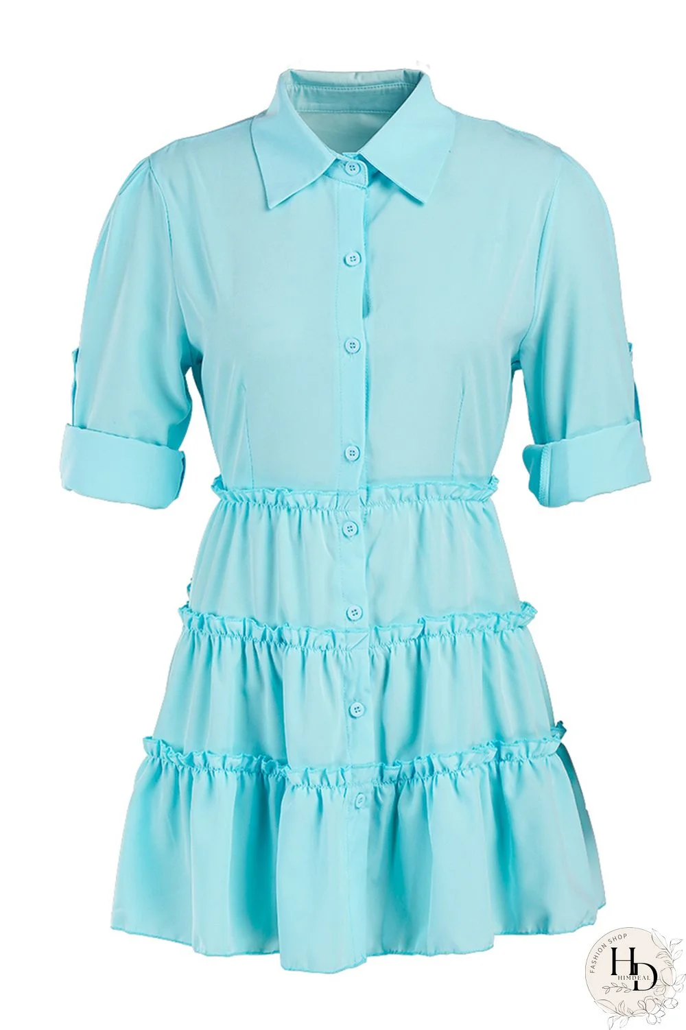 Rose Red Fashion Casual Solid Turndown Collar Shirt Dress