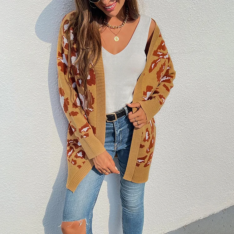 Women's Cardigan Lepord Print Open Front Casual Long Sleeve Sweater Cardigan Top