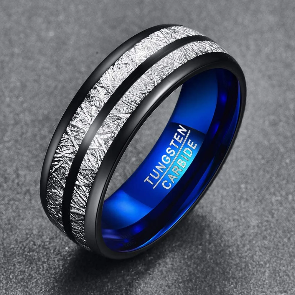 4MM 6MM 8MM Women Men's Black Tungsten Carbide Domed Imitated Meteorite Comfort Fit Carbon Fiber Couple Wedding Bands
