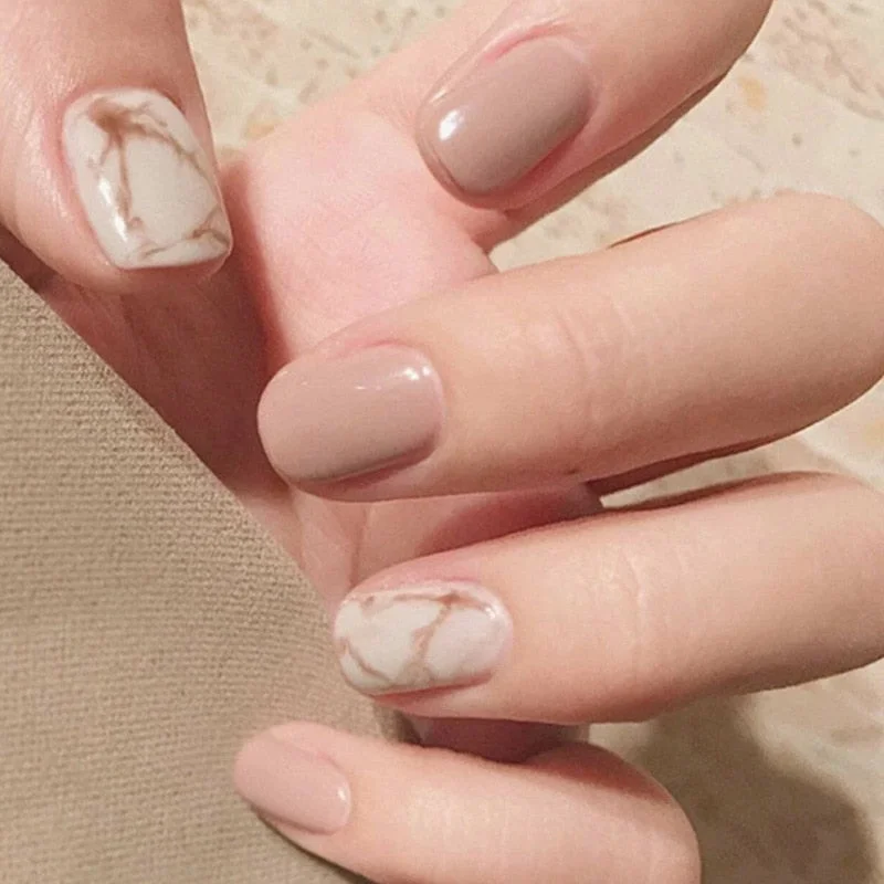 24PCS Nude Color Fake Nails With Black Grids Press On False Detachable Full Cover Artificial Tips Nail Art DIY Manicure No Glue-Nail Inspo