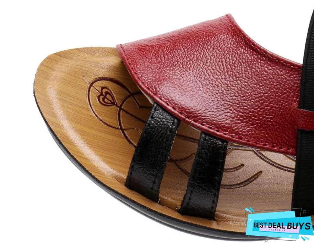 Women Slip-On Leather Sandals Peep Toe Soft Slippers Flat Shoes