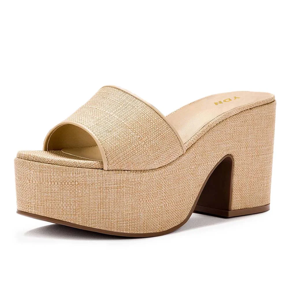 Simple Beige Open Round Toe Chunky Heel Platform Mules Sandals