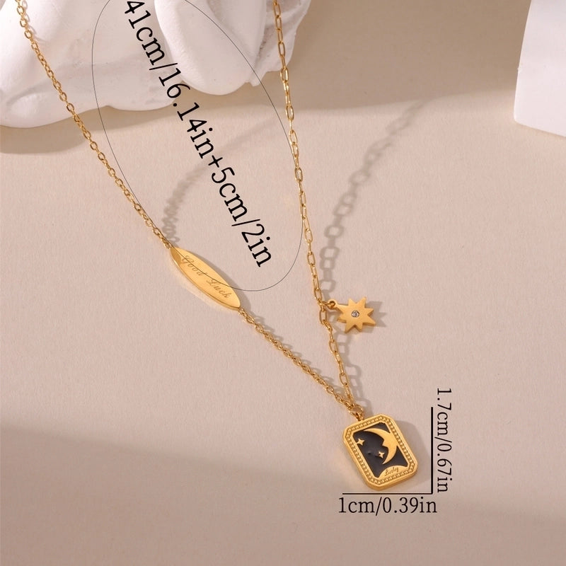 1 Piece Temperament 18K Real Gold Stainless Steel Dripping Letter Eight-Pointed Stars Square Plate Pendant Necklace Women’s Sweater Chain