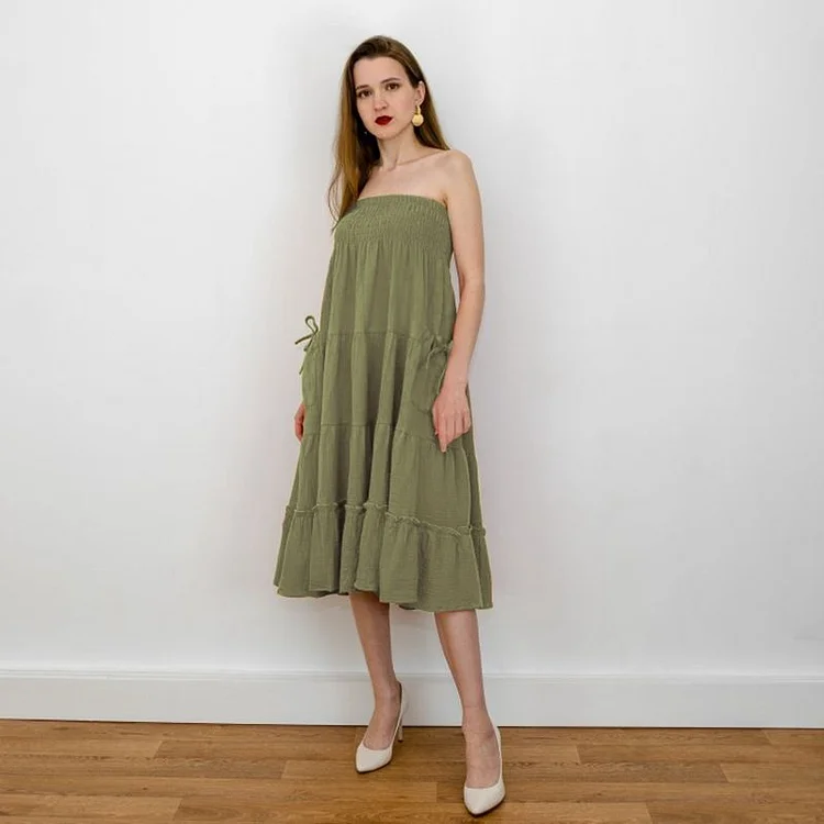 Shuantuo 100% Cotton Elegant Dresses For Women 2025 Sexy Strapless Ruffles Party Dresses Casual Summer Sundress With Pockets Ropa Mujer