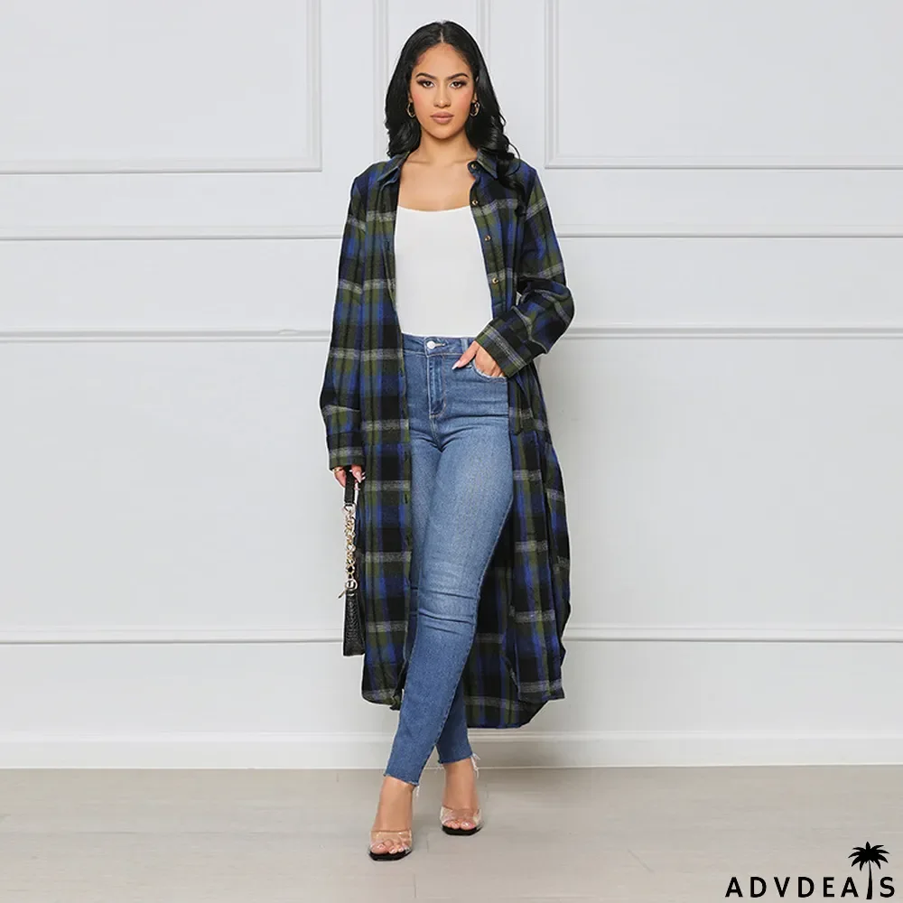 Women's Fashion Plaid Button Pockets Long Sleeve Slim Waist Coats