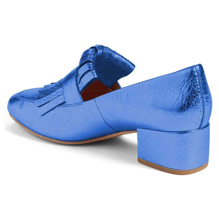 Blue Fringe Loafers Square Toe Chunky Heels US Size 3-15 Vdcoo