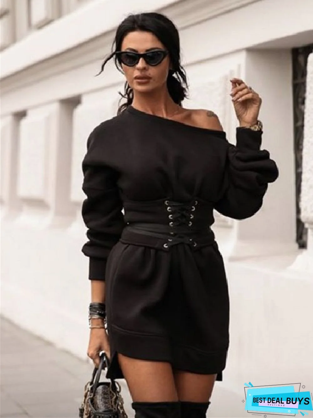 Sexy Round Neck Loose Waist Long Sleeve Dress