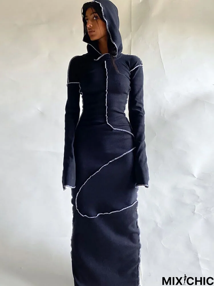Long Sleeve Patchwork Solid Maxi Dresses