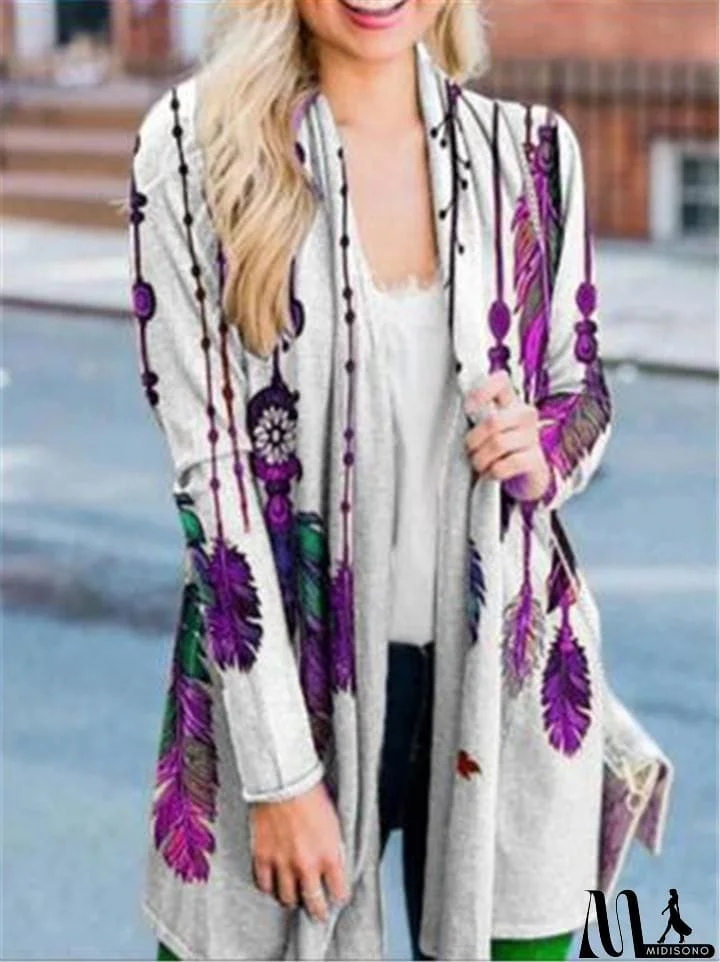 MidiSono - Casual Style Feather Floral Printed Long Sleeve Open Front Tops