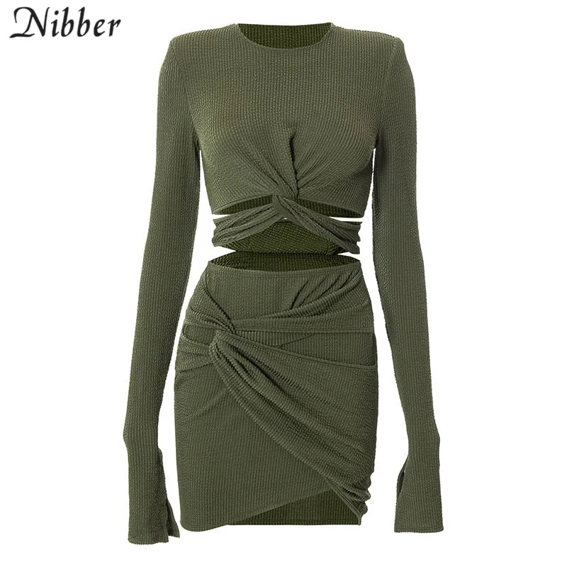 Nibber Solid Color Fashion Sexy Two-Piece Sets Hollow Design Short Top + Mini Slim Skirt For Women Go Out Street Club Party Wear