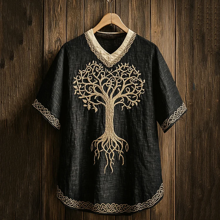 Men's Viking Tribal Tree Of Life With Celtic Knotwork Embroidered Linen T-shirt