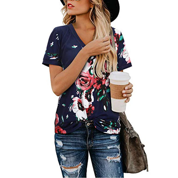 Women's Loose V-Neck Printed Short Sleeve T-Shirt