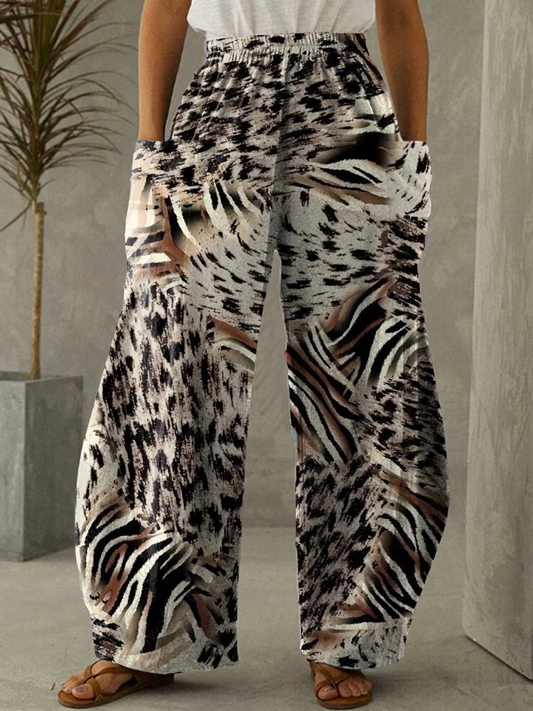 Women's Leopard Art Elastic Waist Wide Leg Pants Trousers Casual Pants