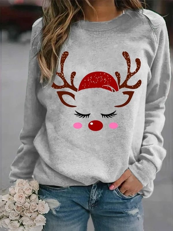 Women's Casual Long Sleeve Christmas Santa and Deer Print Sweatshirt