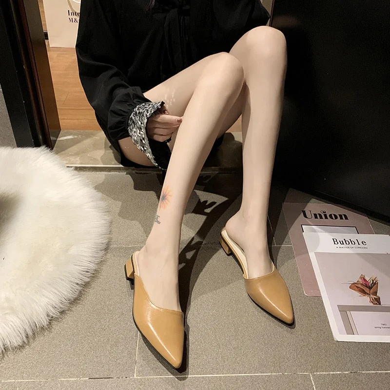 Sexy Pointed Toe Womens Slippers Slip On Ladies Mules Low Heel Woman PU Leather Pumps Summer Casual Slides Female