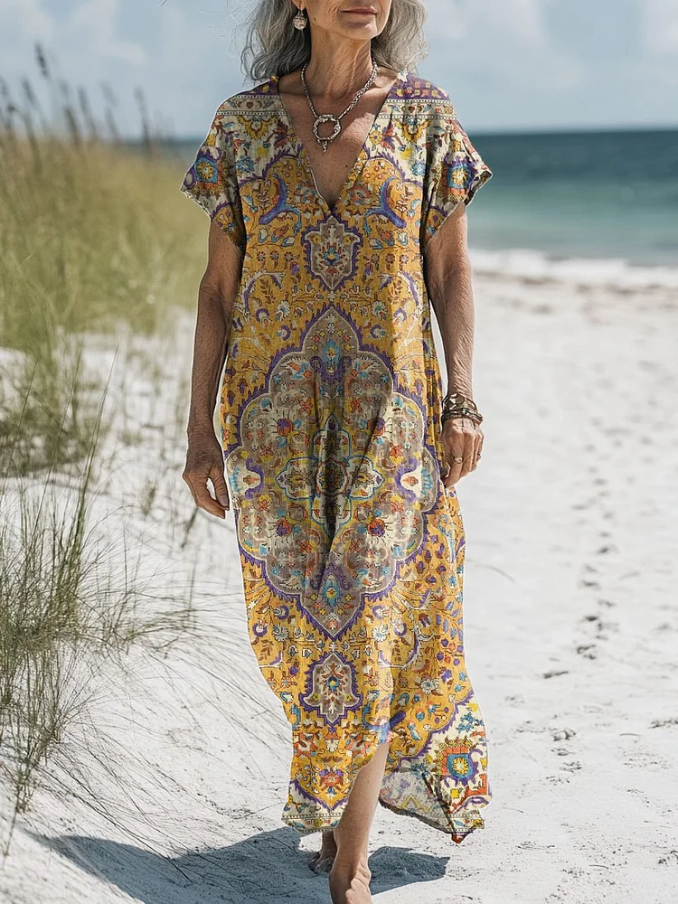 Women's Vintage Lovely Floral Art Print Pocket Cotton Dress