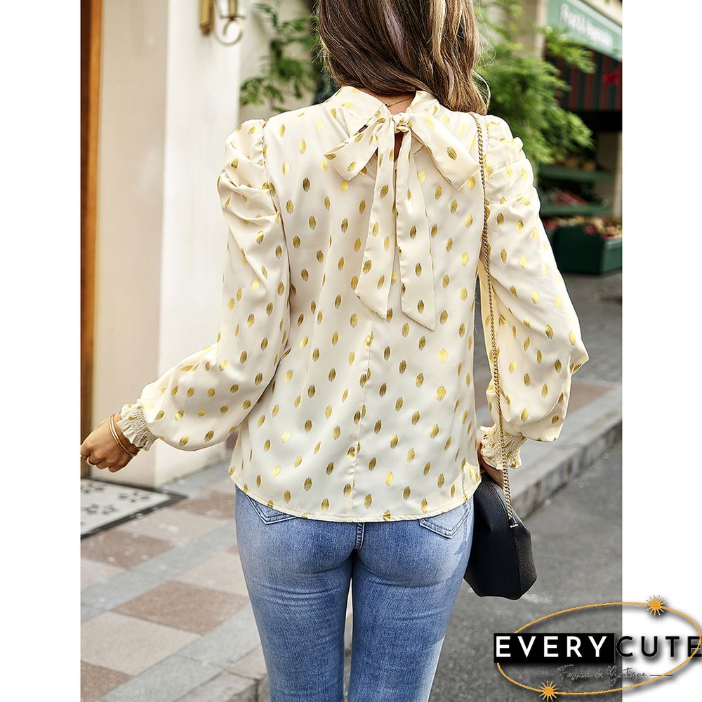 Khaki Polka Dot Pleated Cuffs Long Sleeve Tops