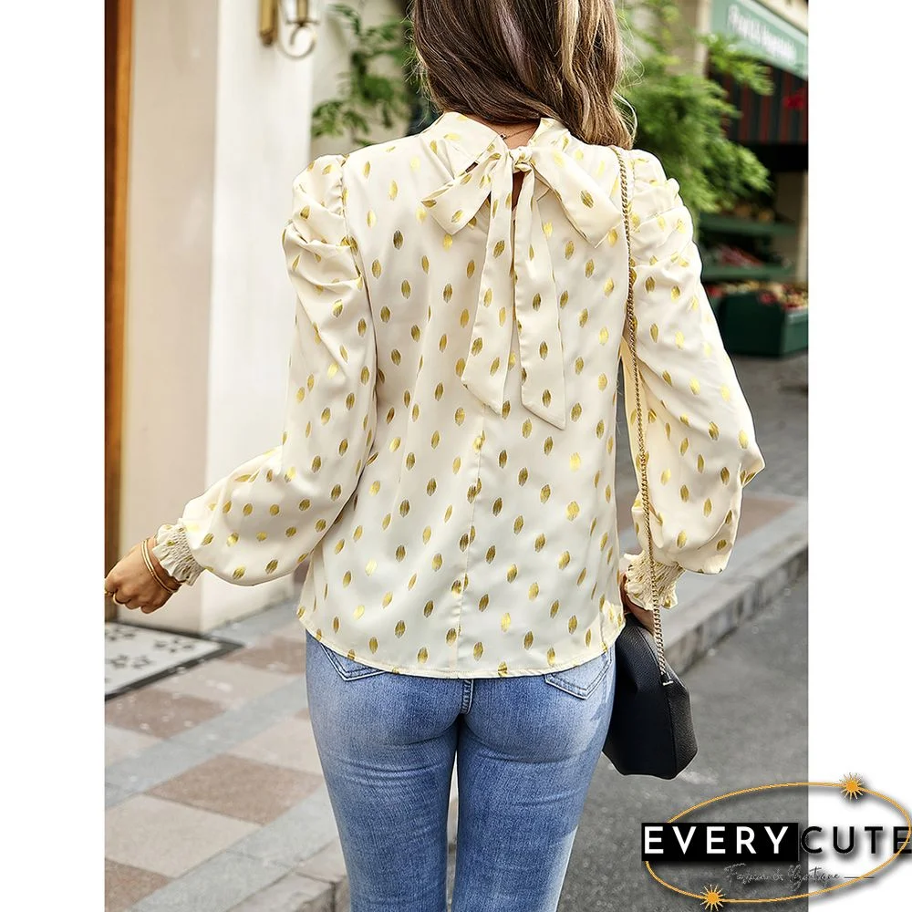 Khaki Polka Dot Pleated Cuffs Long Sleeve Tops