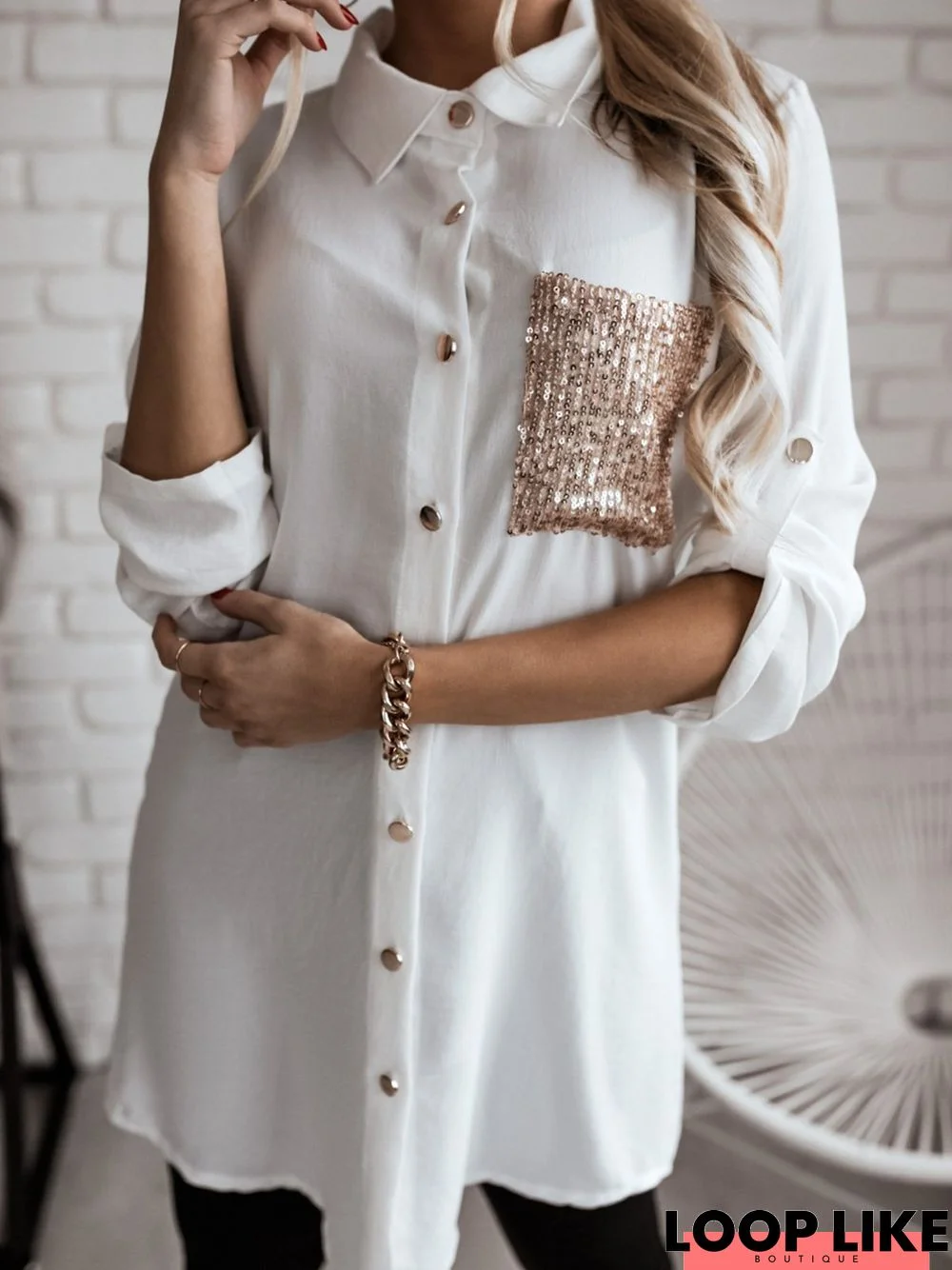 Sequins Shirt Collar Casual Loosen Tunic Blouse