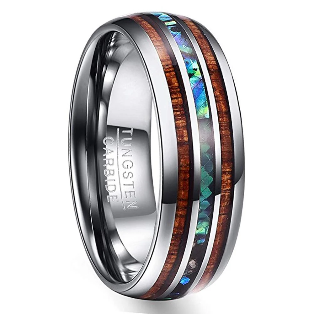 Mens Women 4MM 6MM 8MM 10MM Tungsten Rings Hawaiian Koa Wood Abalone Shell Imitated Opal Inlay Tungsten Ring Carbide Wedding Bands for Womens Men Comfort Fit Rings