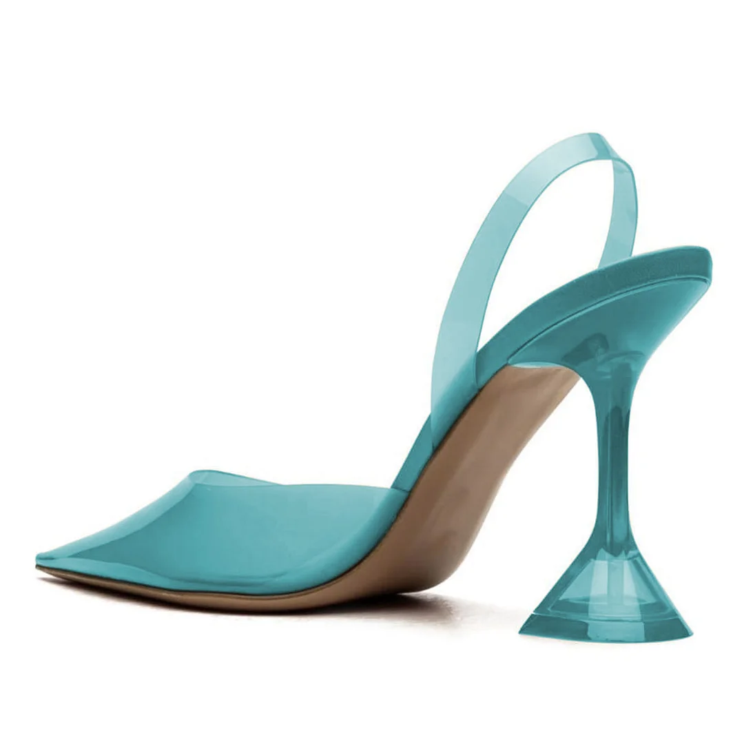 Blue Transparent Pointed Toe Flared Heel Slingback Pumps for Women