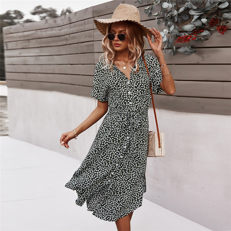 LANFUBEISI Spring Summer Ladies Bandage Dress Women Casual Medium Long Sleeve Button Floral Print Holiday Style Chic Dress Female 2022 New LANFUBEISI