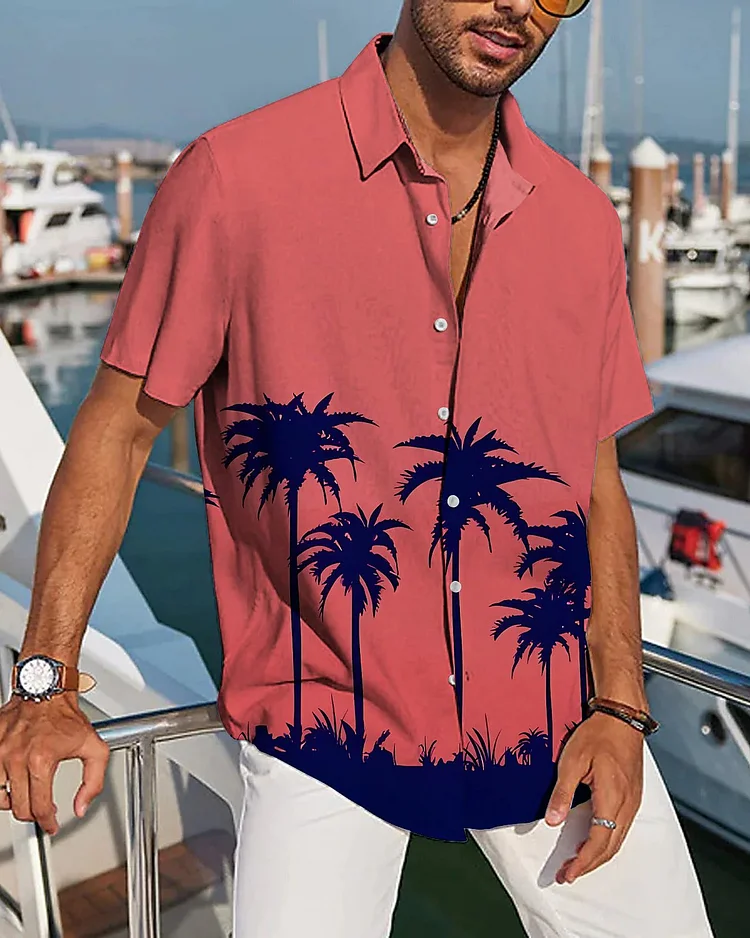 Pink Casual Hawaiian Short Sleeve Printed Men's Shirt at Hiphopee