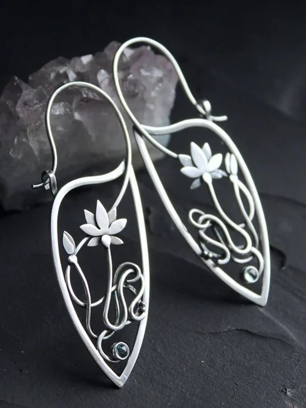 Vintage Silver Metal Floral Piercing Earrings Ethnic Casual Women Jewelry