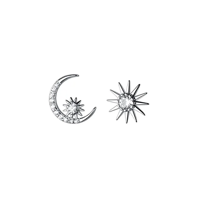 Sun Moon Asymmetrical 925 Sterling Silver Stud Earrings