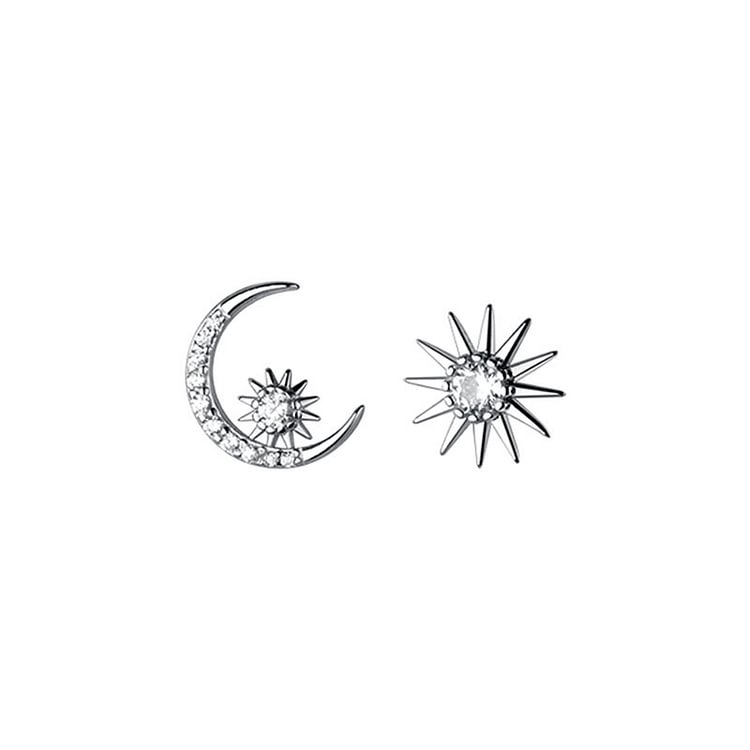 Sun Moon Asymmetrical 925 Sterling Silver Stud Earrings - Modakawa