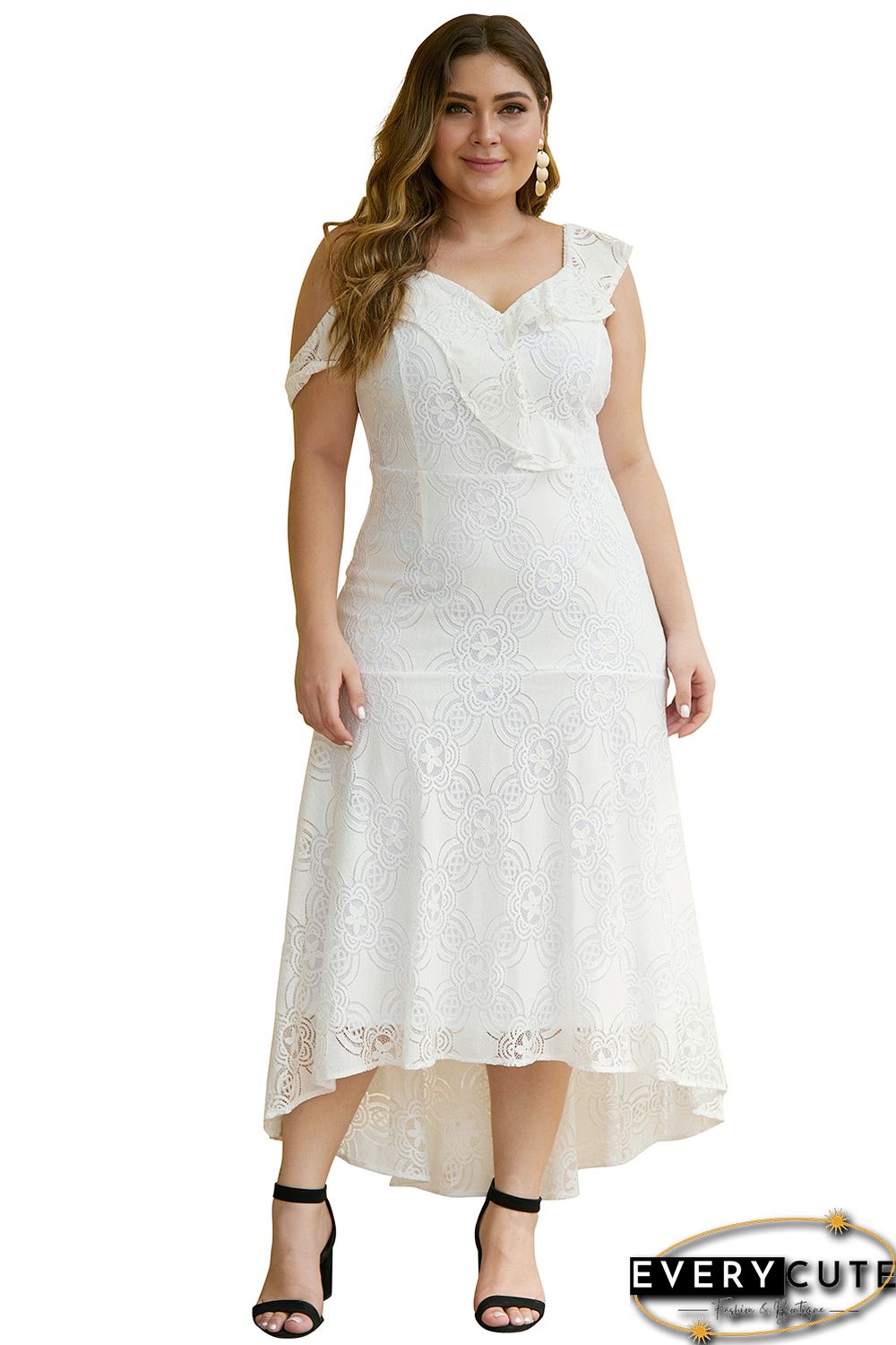 White Asymmetric Ruffle Shoulder Design Plus Size Lace Dress