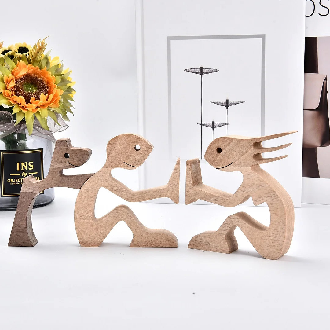 Handmade Wood Dog Decor Sculptures Craft Creative Figurine Ornement Decoration For Bedroom Home Office Decor Gift Natural