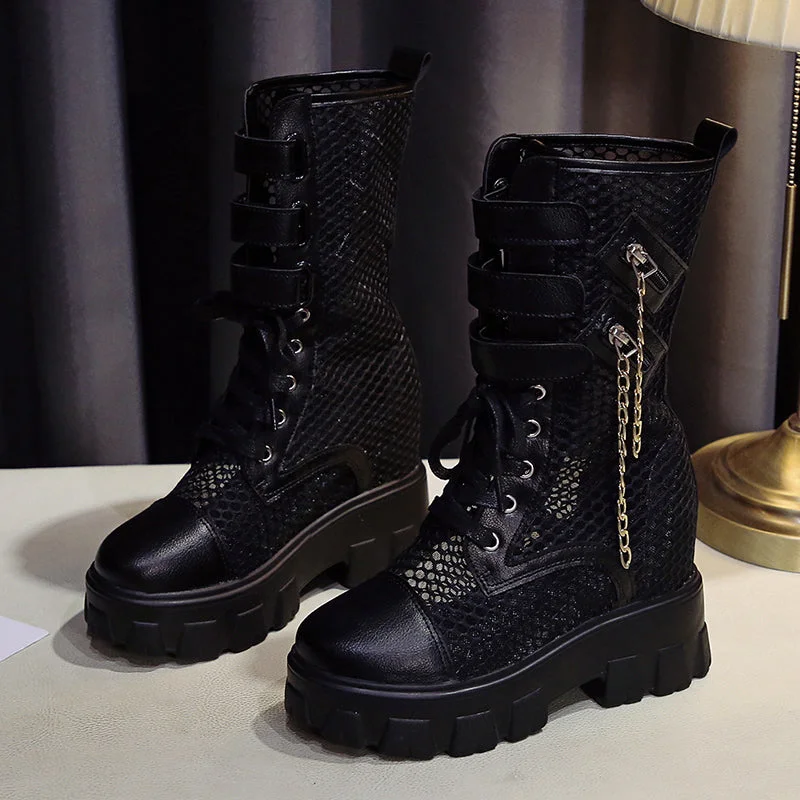 Chunky Platform Motorcycle Boots Women 2022 Summer Breathable Air Mesh Mid Calf Boots Woman Punk Height Increasing Shoes
