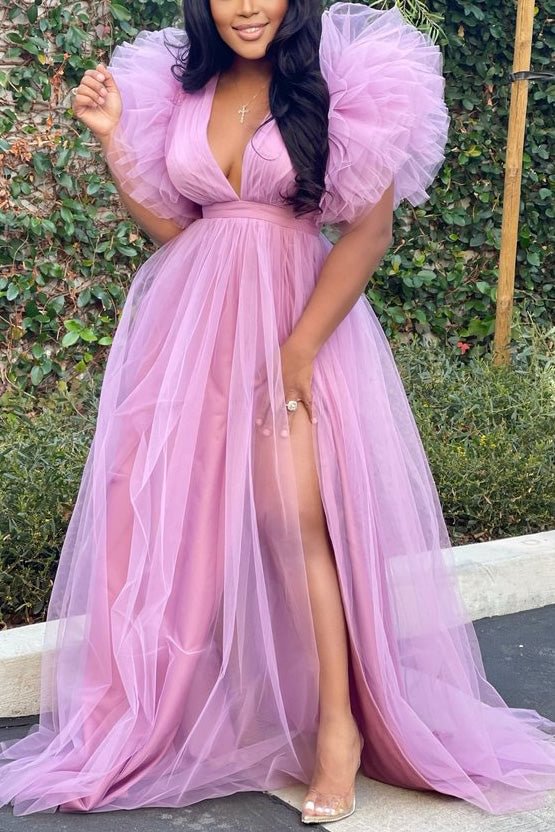 Plus Size Tulle Dresses Puff Sleeve Maxi Dress - vzzhome