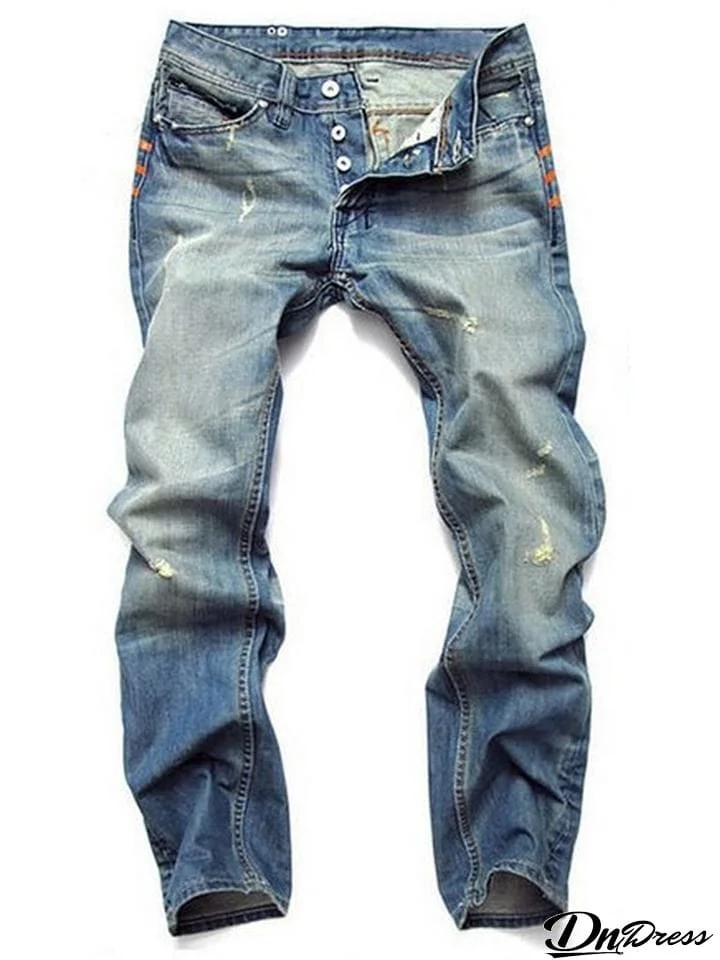 Daily Wear Casual Ripped Washed Effect Slim Jeans For Men