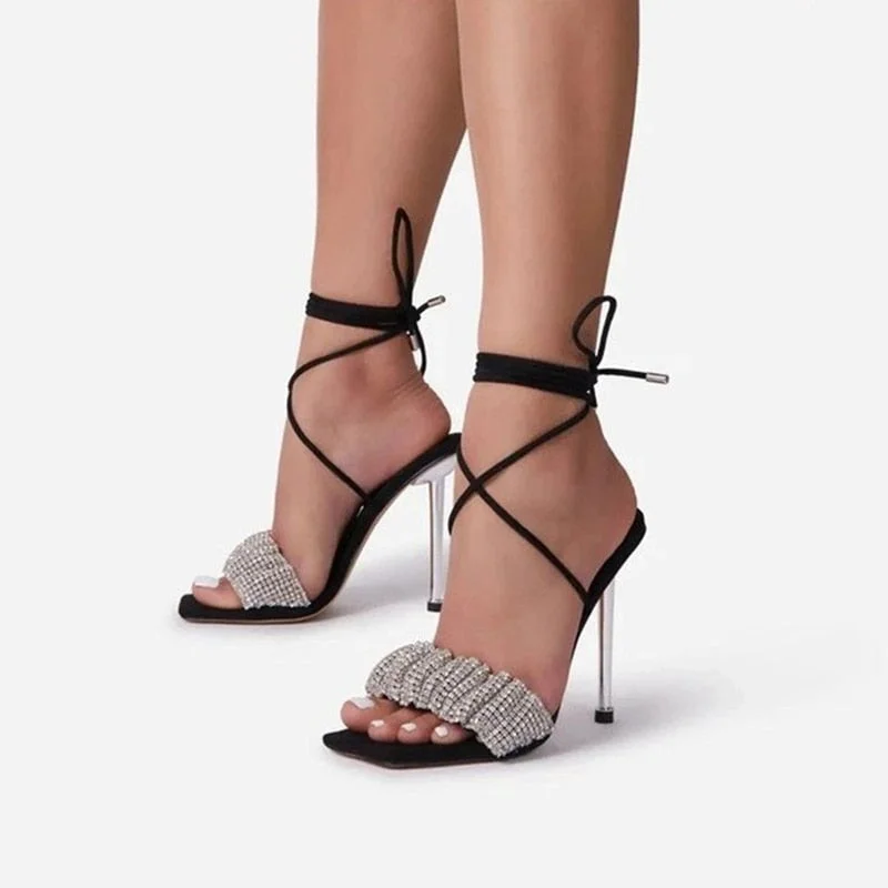 Vstacam  2023 Women Summer Sandals Open Square Toe Crystal Lace Up Cross-tied Sexy Stiletto Thin High Heels Office Lady Party Shoes