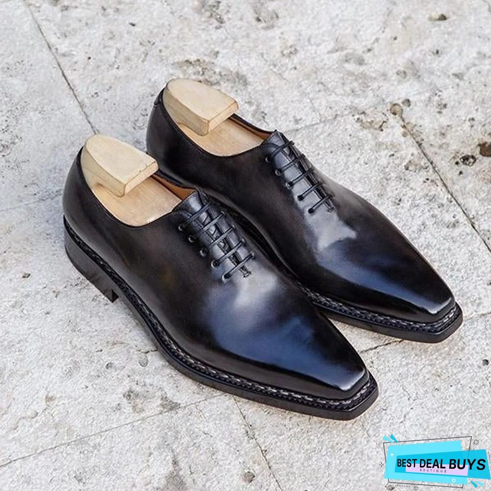 Bronze-Color Effect Squared Toe Leather Shoes Classic Derby Shoes