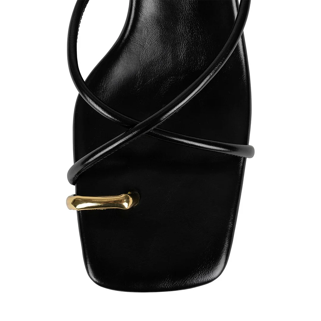 Vegan Leather Square Toe Gold Toe-Ring Ankle Strap Black Sandals