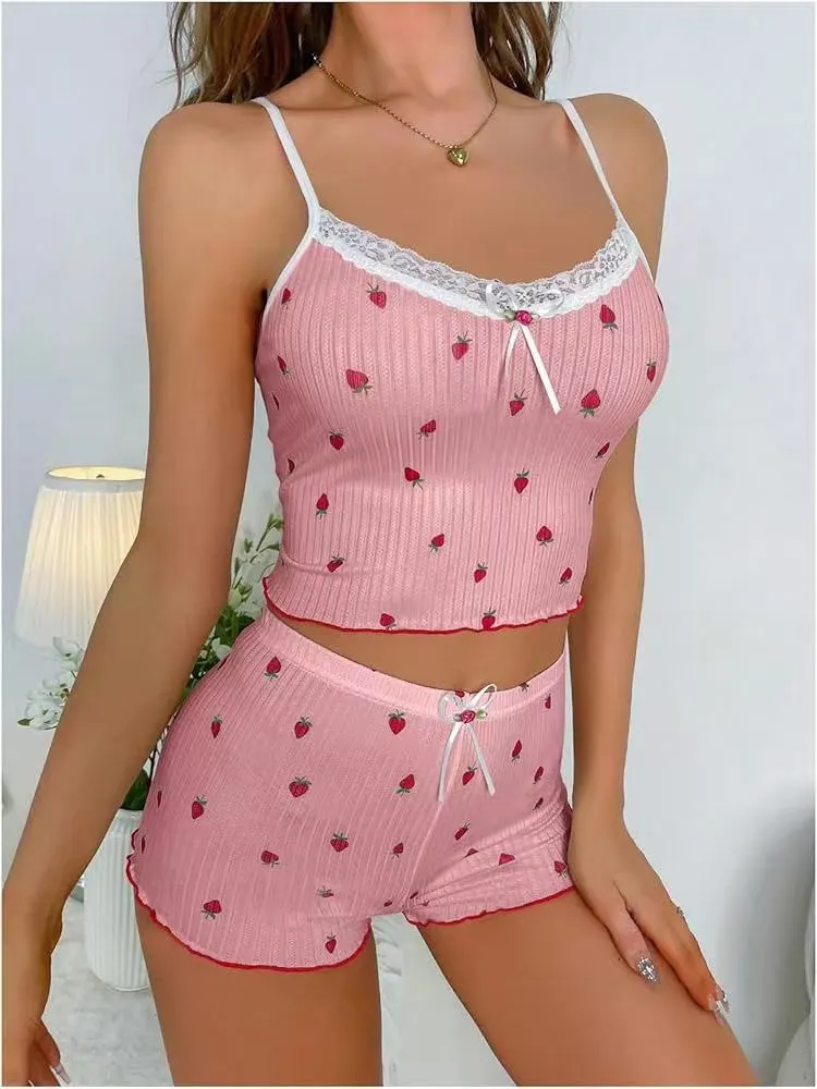 Churchf Summer New Large Print Pit Strip Home Lady Bow Slings Shorts Strawberry Print Two Sets